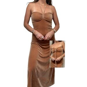 Vintage y2k Orange Suede Velvet Velour Strapless Tube Top Maxi Dress Gown S/M